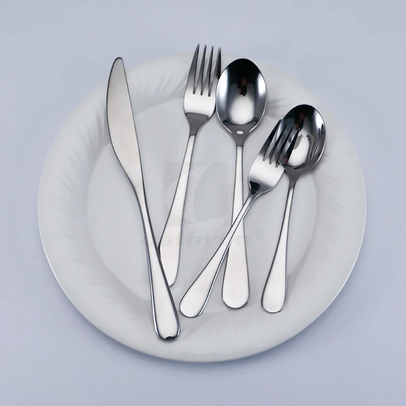 Custom 5 PCS Cutlery Spoon Fork Knife Stainless Steel 304 Silverware Set with Round Thick Handle for Restaurant
