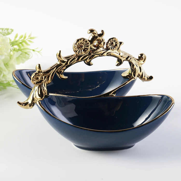 modern customized wedding banquet decorative deep blue fruit candy snack serving bowls ceramic with golden handle