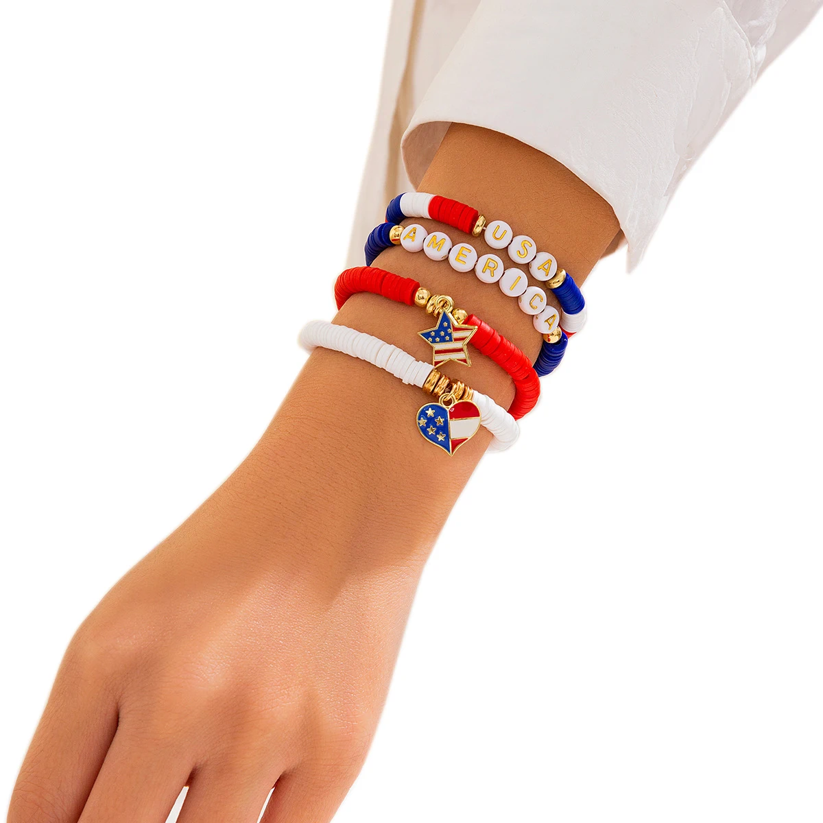 Custom USA Independence Patriotic Day American Flag Bracelets With Charms 4th of July Clay Beaded Friendship Bracelets