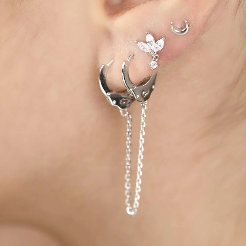 Custom Trendy 925 Sterling Silver 18K Gold Plated Dainty Jewelry Handcuffs Link Chain Double Huggie Hoop Earrings For Women