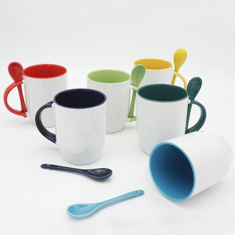 Large coffee cup white 13oz inner color custom sublimation ceramic mug with spoon for promotion gift