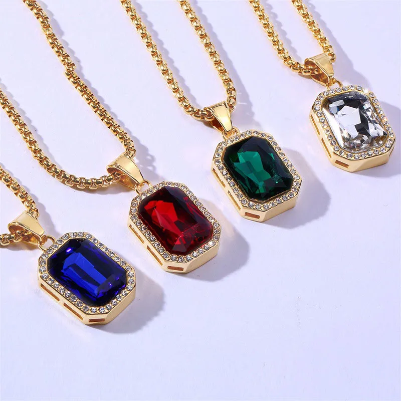 Hiphop men jewelry stainless steel glass stone necklace