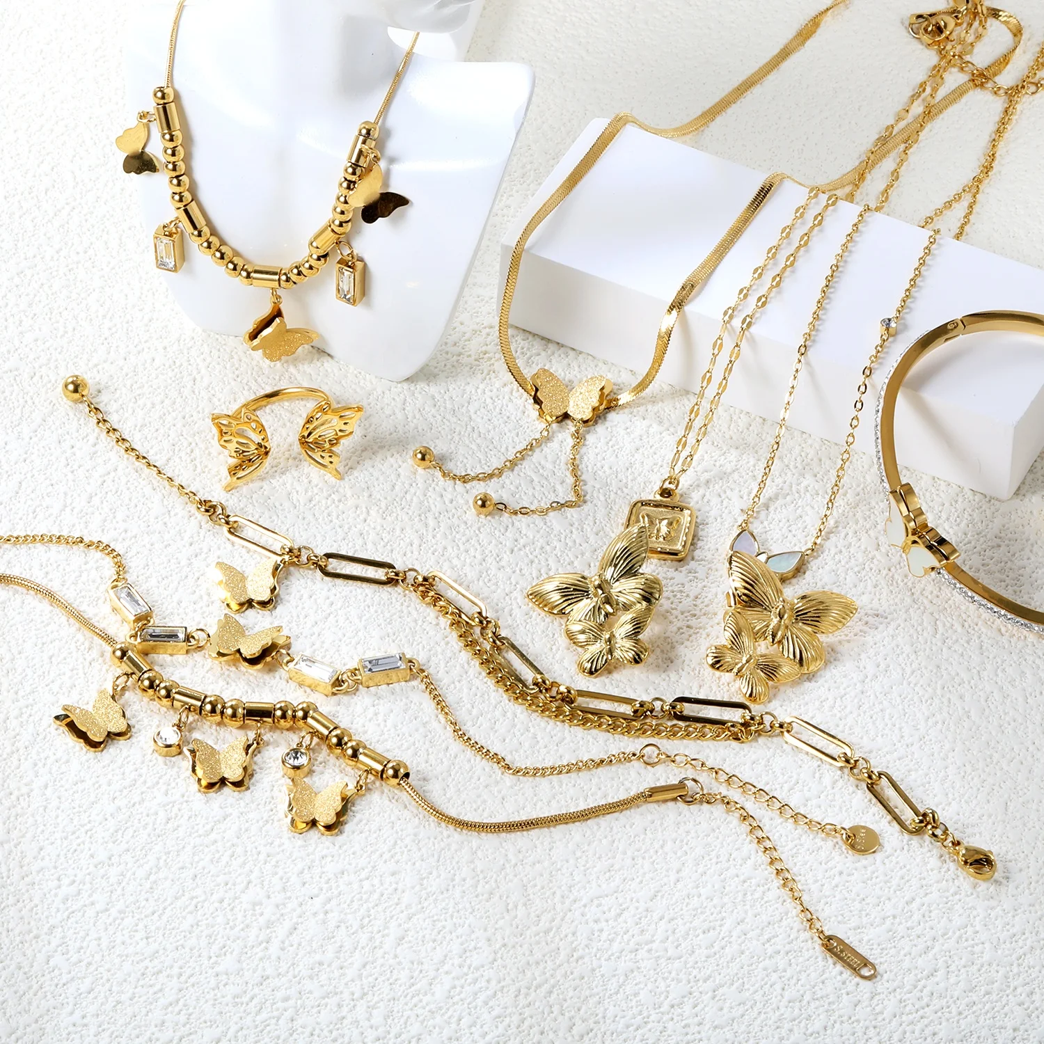 Stainless Steel Butterfly Jewelry Set OEM New Trend Butterfly Design Series Necklace Bracelet Bangles Earrings Rings For Women