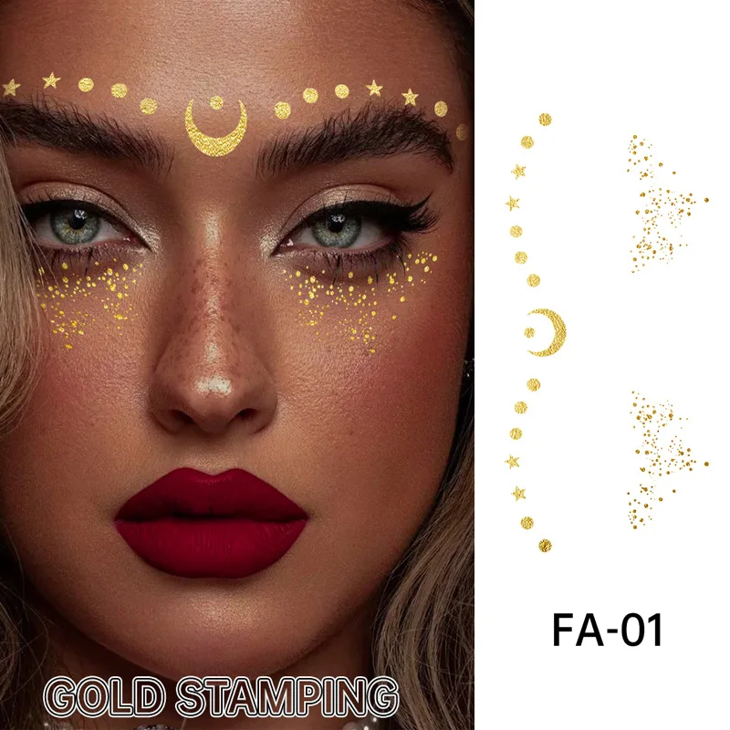 Hot Sale European American Cross-Border Party Makeup Face Stickers Temporary Tattoo Hot Gold Eyes Waterproof Sweat Resistant