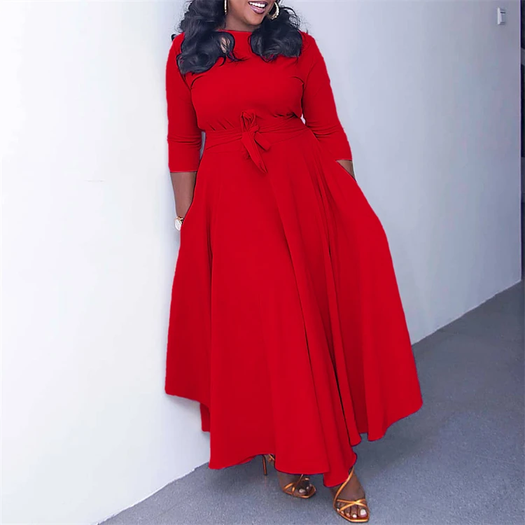 New Arrival Spring Fall African Ladies Midi loose Church Dress Women Elegant Long Dresses Solid color A-line Vestidos Plus Sizes