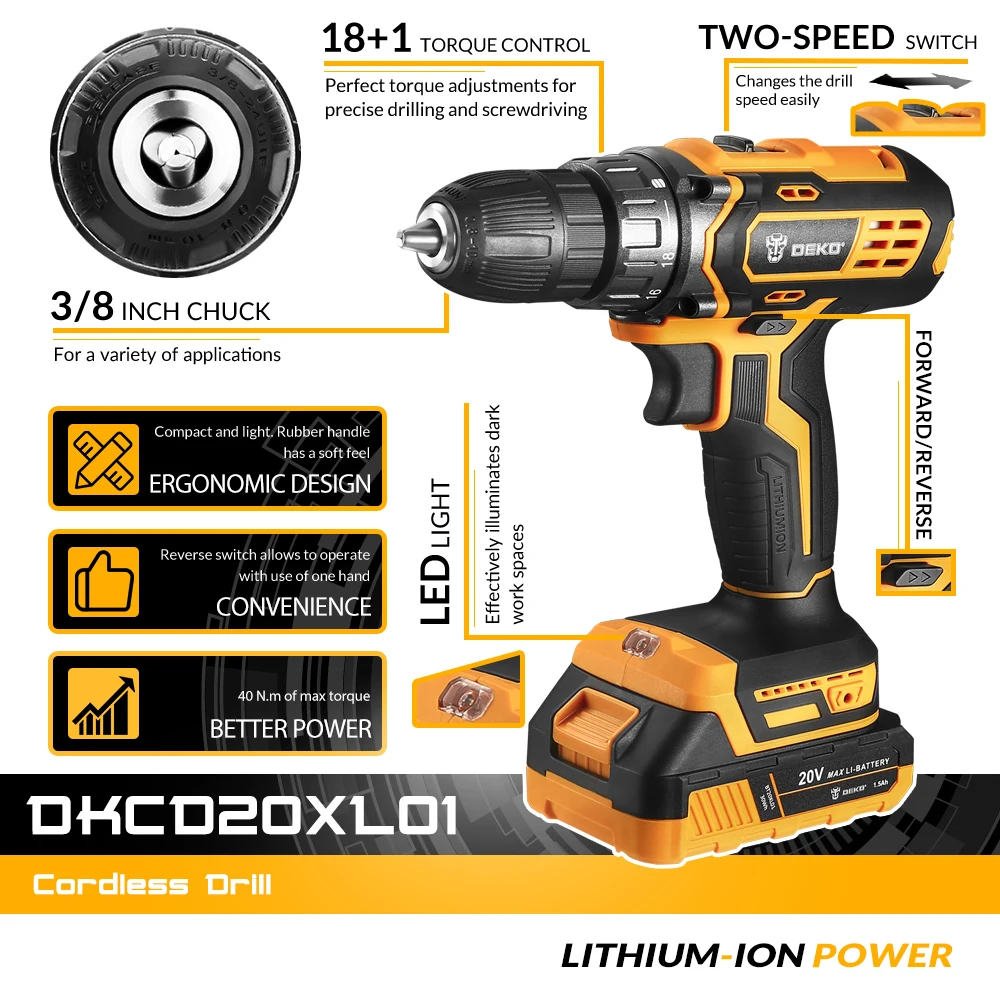 DEKO DKCD20XL01-H10 20V New Cordless Drill Screwdriver 18+1 Torque Setting 40N.m Keyless Chuck Drilling in Wood Power Drill