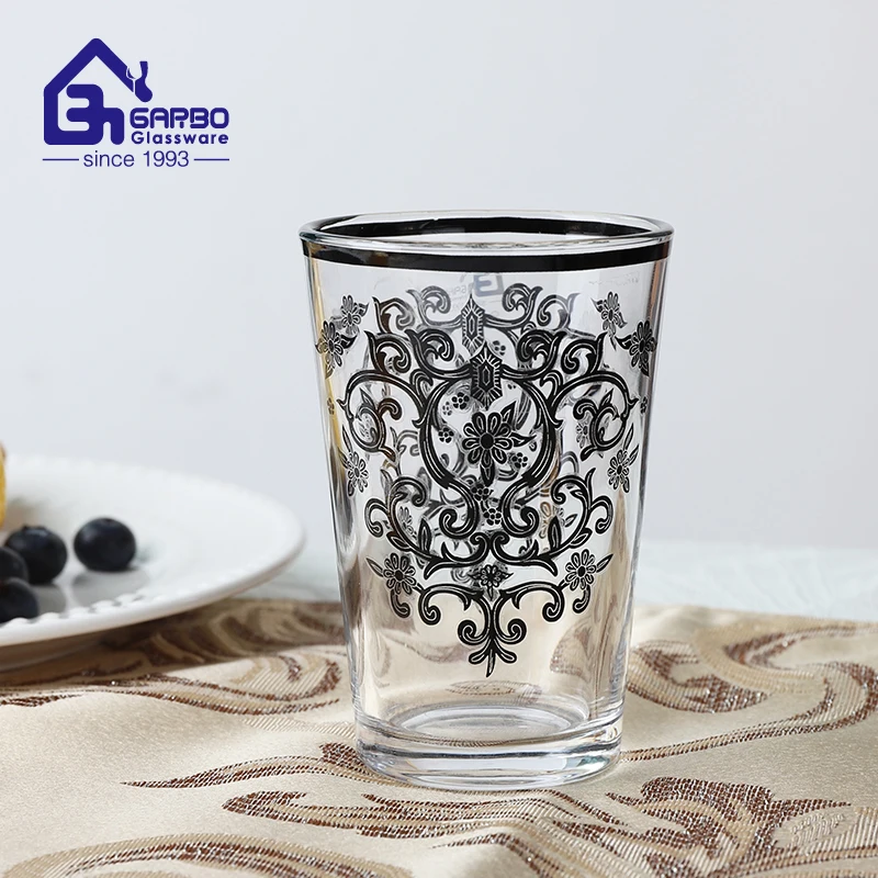 Top sales Morocco printed 130ml glass tea cup with silver&golden customized designs gold rim tea glass moroccan tea set