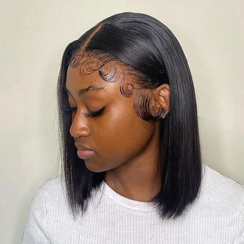 Factory Price Black Short Straight Medium Split Bob Silk Chemical Fiber Synthetic Lace Front Wig