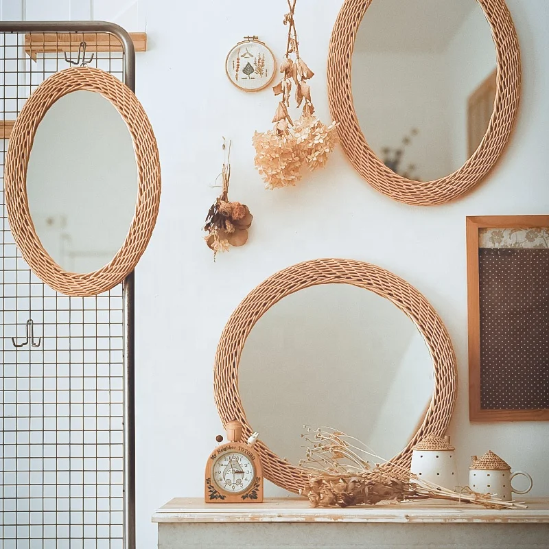 2023 SWT Modern Oval Rattan Bamboo Decorative Wall Mounted Makeup Mirror Custom Logo Metal Frame for Dining Home Decor Gifts