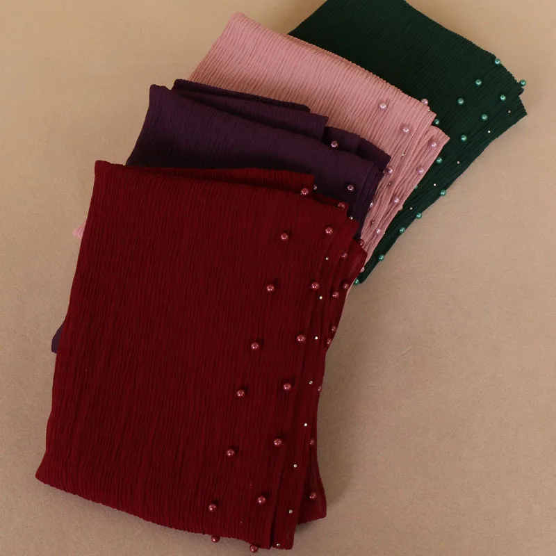 2021 Solid Color Pleated Chiffon Hijab Premium Shawl Pearl Beads Plain Crinkle Pearl Chiffon Scarf Turban