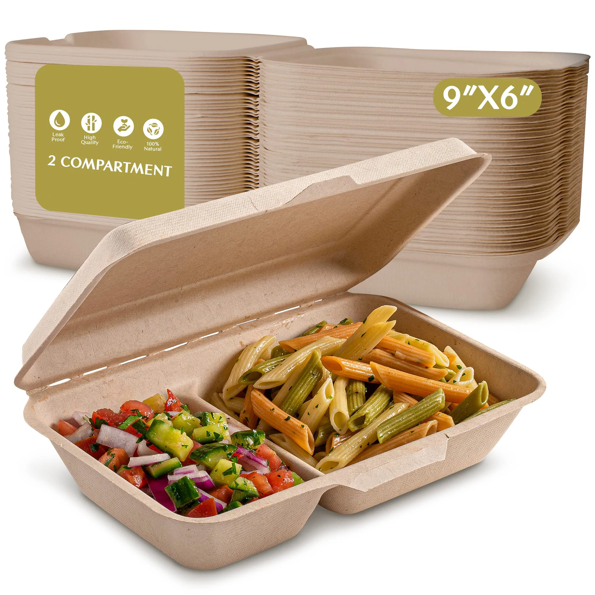 OBM Kuoshi Biodegradable Eco Sugarcane Packaging Bagasse Clamshell Burger Takeaway Boxes Custom 2 Compartment Paper Food Accept