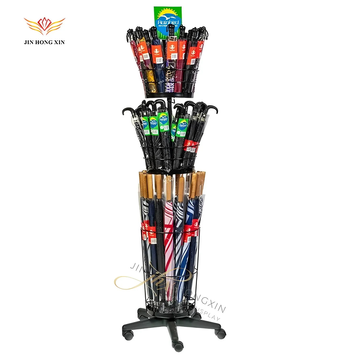 store pos exposition metal rack floor stand retail mobile 3 tiers shelf steel display fixture for umbrella