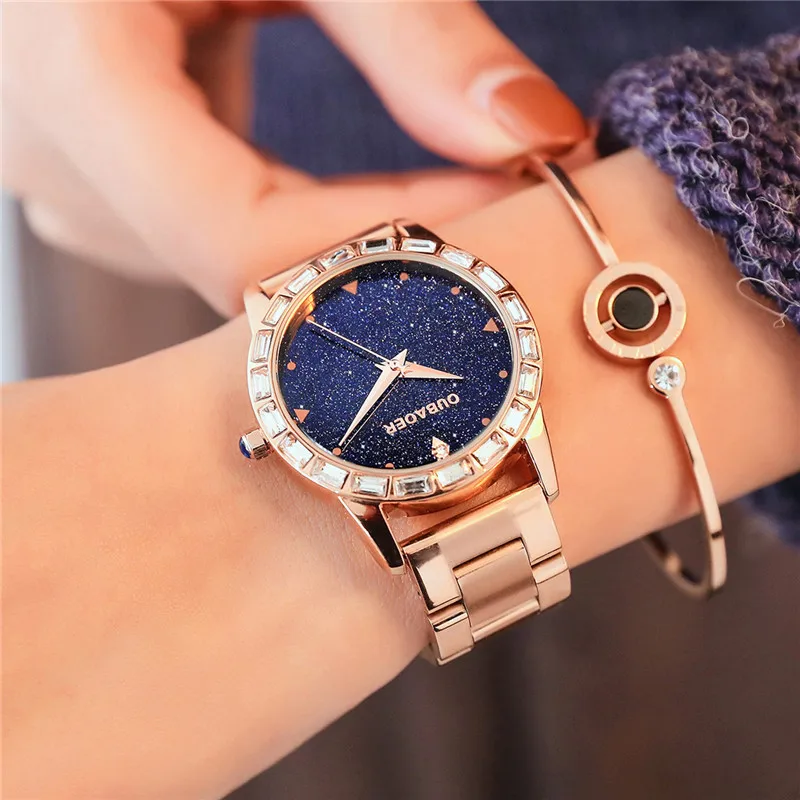 OUBAOER 2017 western rose gold girls quartz watch stylish steel Strap Waterproof bling character Casual wrist watch