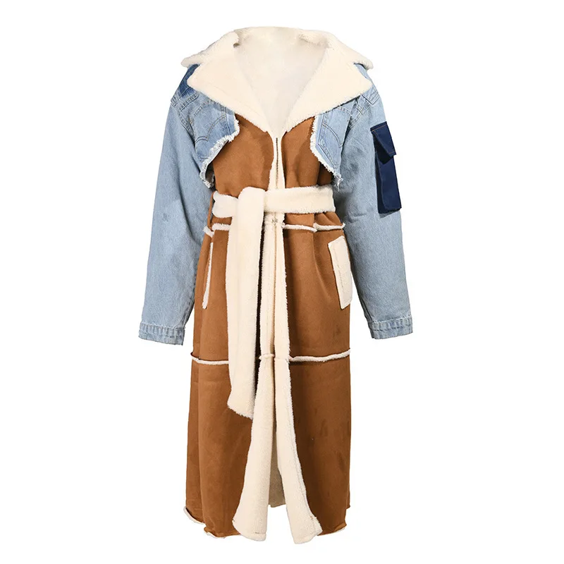 GX34374 Women Jean Wool Jacket Patchwork Cropped Cardigan Hoodie Trench Coat Women Winter Jean Jacket with Fur