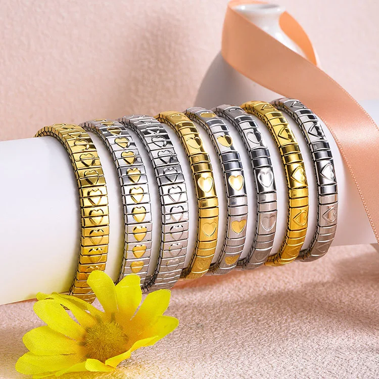 BS2080 Waterproof Non Tarnish 18K gold plated Stainless Steel Italian Heart Cross Signet Decorated Modular Elastic Bracelets