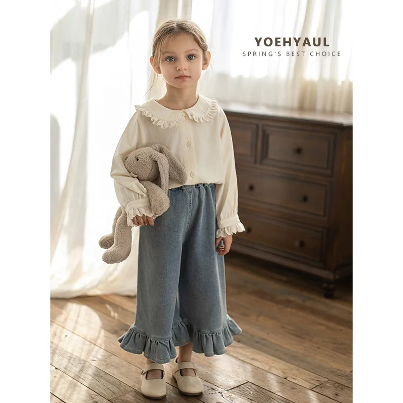 YOEHYAUL Ruffled Bottom Elegant Child Flare Pants for Toddler Baby Girls Jeans Wholesale Sweet Kids Denim Pants Trousers