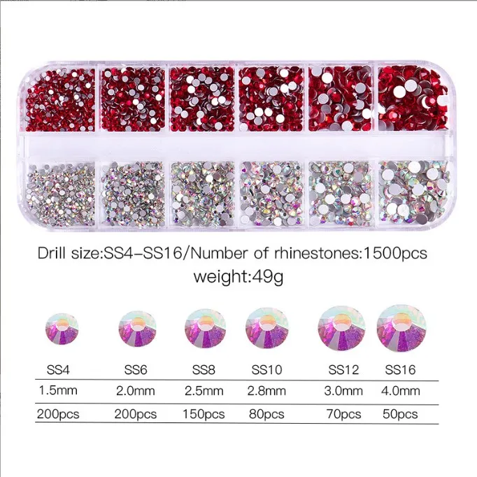 New 12 Grids Geometry Shiny Glass Crystal Rhinestones Nail Decoration Round Flat Back DIY Nail Art Crystals Jewelry +Dotting Pen
