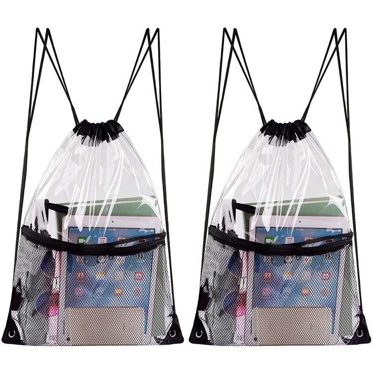 Heavy-duty large clear pvc drawstring bag waterproof pvc backpack with front zipper mesh pocket