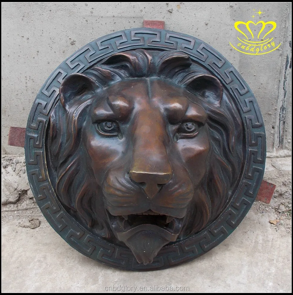 Outdoor garden Wall art Hanging ornament metal crafts Sculpture Gold Bronze Lion Head Statue