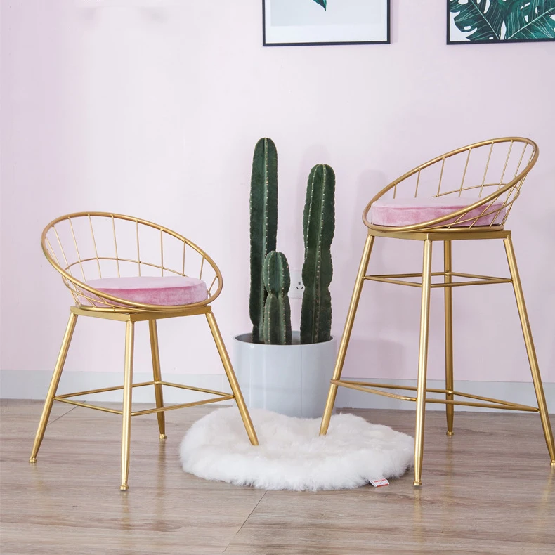 
European Metal Hollow Wire Gold Modern Bar Chair, Wrought Iron Dining Chair, Hotel Outdoor Velvet High Bar Stool 