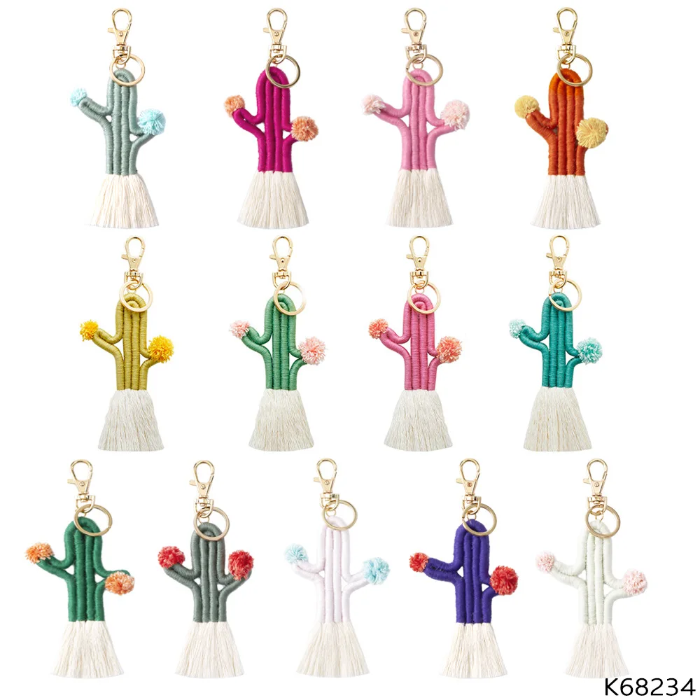 Handmade Boho Weaving Multicolor Wholesale Macrame Key Holder Art Macrame Keyring Cactus Keychain