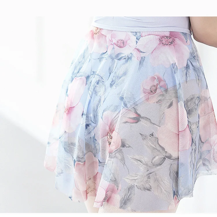 Light Blue Floral Pattern Pull on Ballet Skirt Mesh