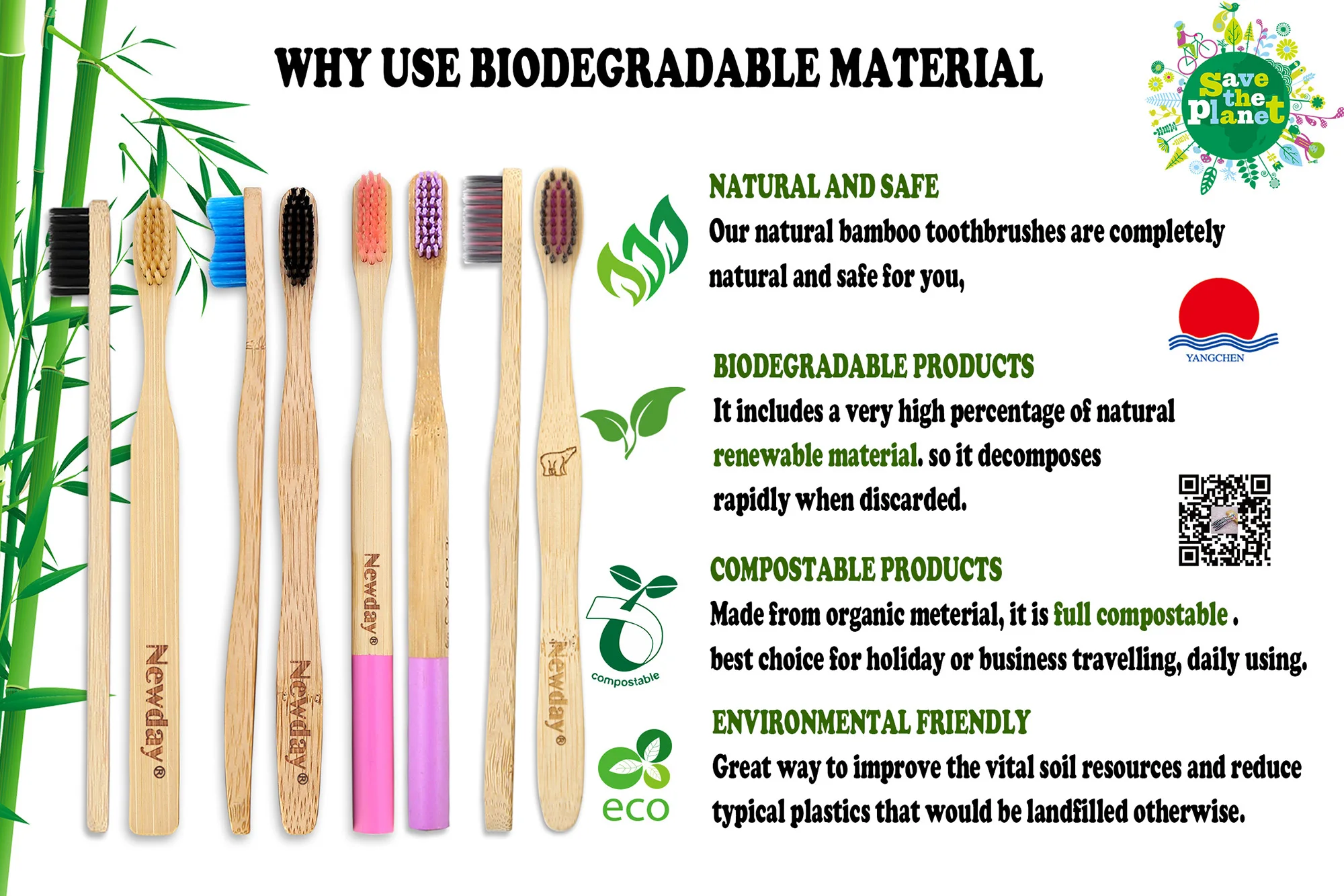 gourd shape flat handle biodegradable eco bamboo toothbrush with black tapered bristles charcoal infused