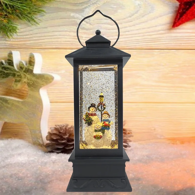 Resin Square Shape Glitter Water Spinning Lantern Christmas Snow Globe Led Snowman Family Scene Glitter Lantern with Moving Snow
