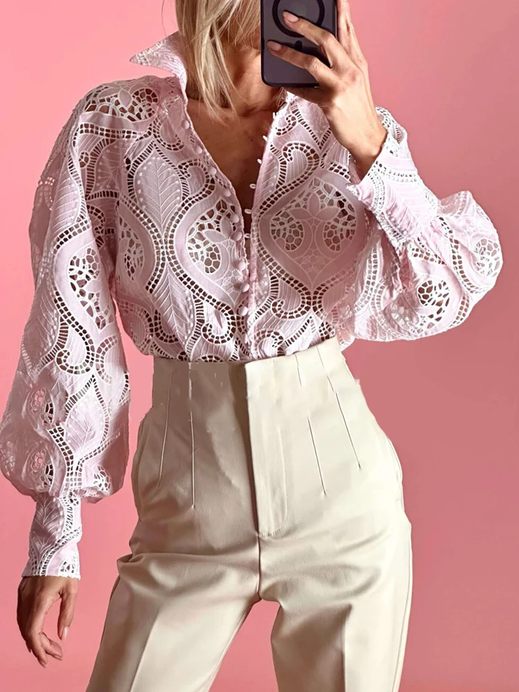 TWOTWINSTYLE 2024 Summer New Arrival Advanced Fabric Unlined Hollow Perspective Long Sleeve Sexy Blouse