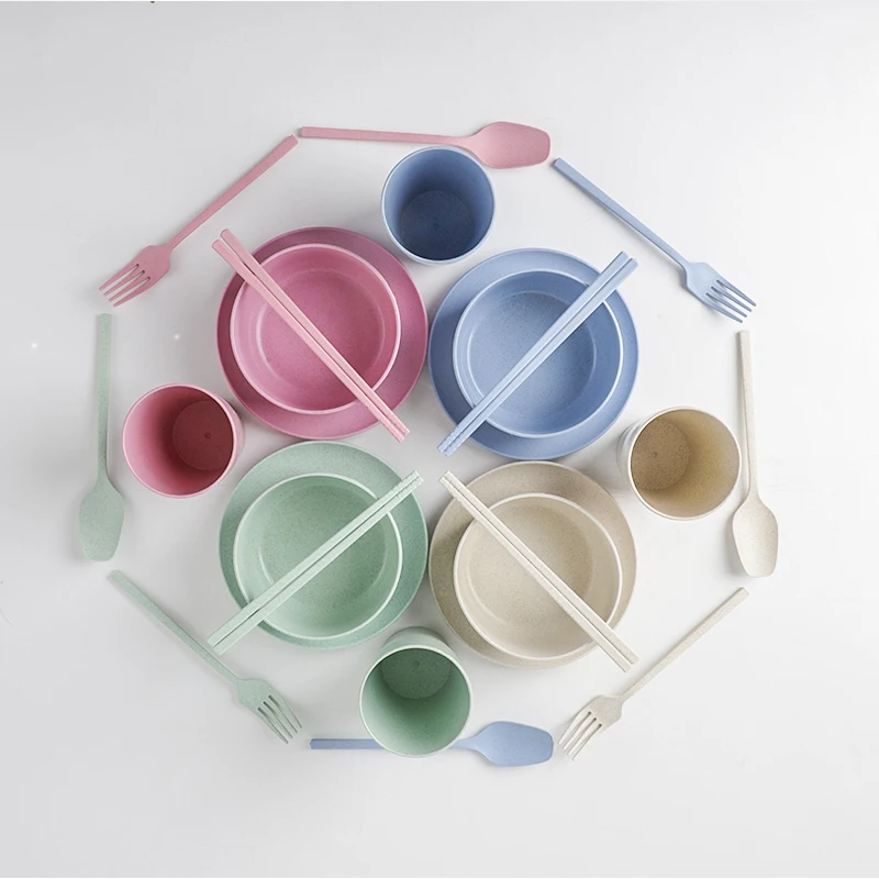 Eco-Friendly Natural Wheat Bowl Straw Wheat Cup Wheat 6Pcs Set Kids Plate Set Bamboo Fiber Bowl