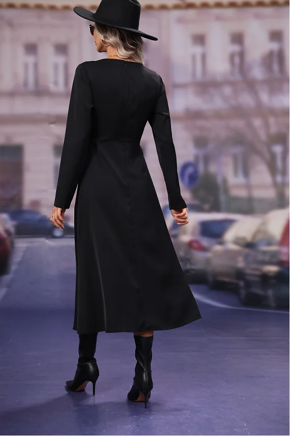 New V-neck Drape Midi Dress Custom Chic Black Color Elastic Cuffs Long Sleeves Fitting Midi Dress For Women