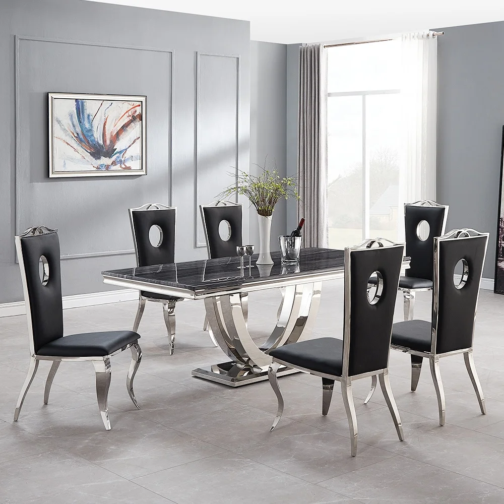 Custom Made Light Luxury Quartz Dining Table Nordic Silver Stainless Steel Metal Furniture Leg Black Marble