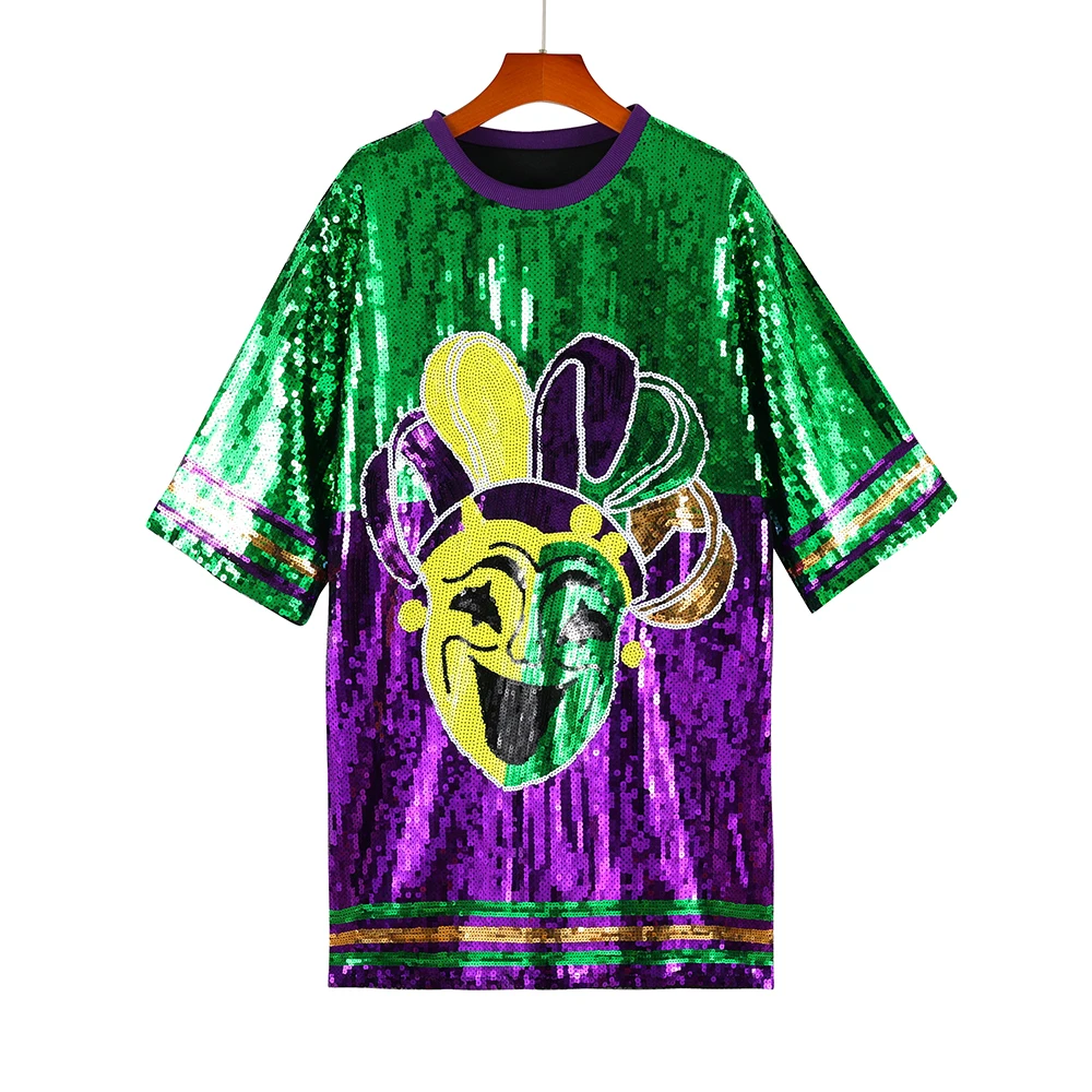 Wholesale Shine Bright Plus-Size Sequin Mardi Gras T-Shirt Dress Handmade Round Neck Sparkling Dazzling Look Sexy Knee Jersey