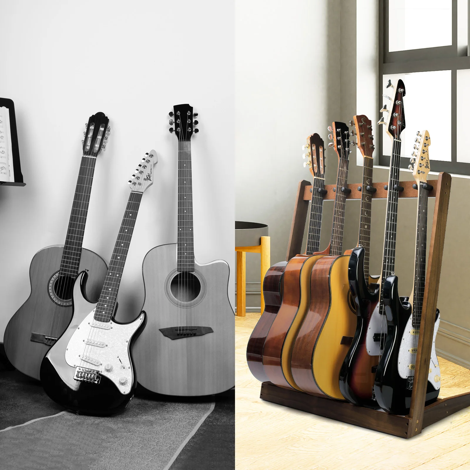 5pcs Electric Guitar and Bass Floor Stand Multiple Guitar Holder Wooden Guitar Stand with Storage Shelf 5 Musical Instrument
