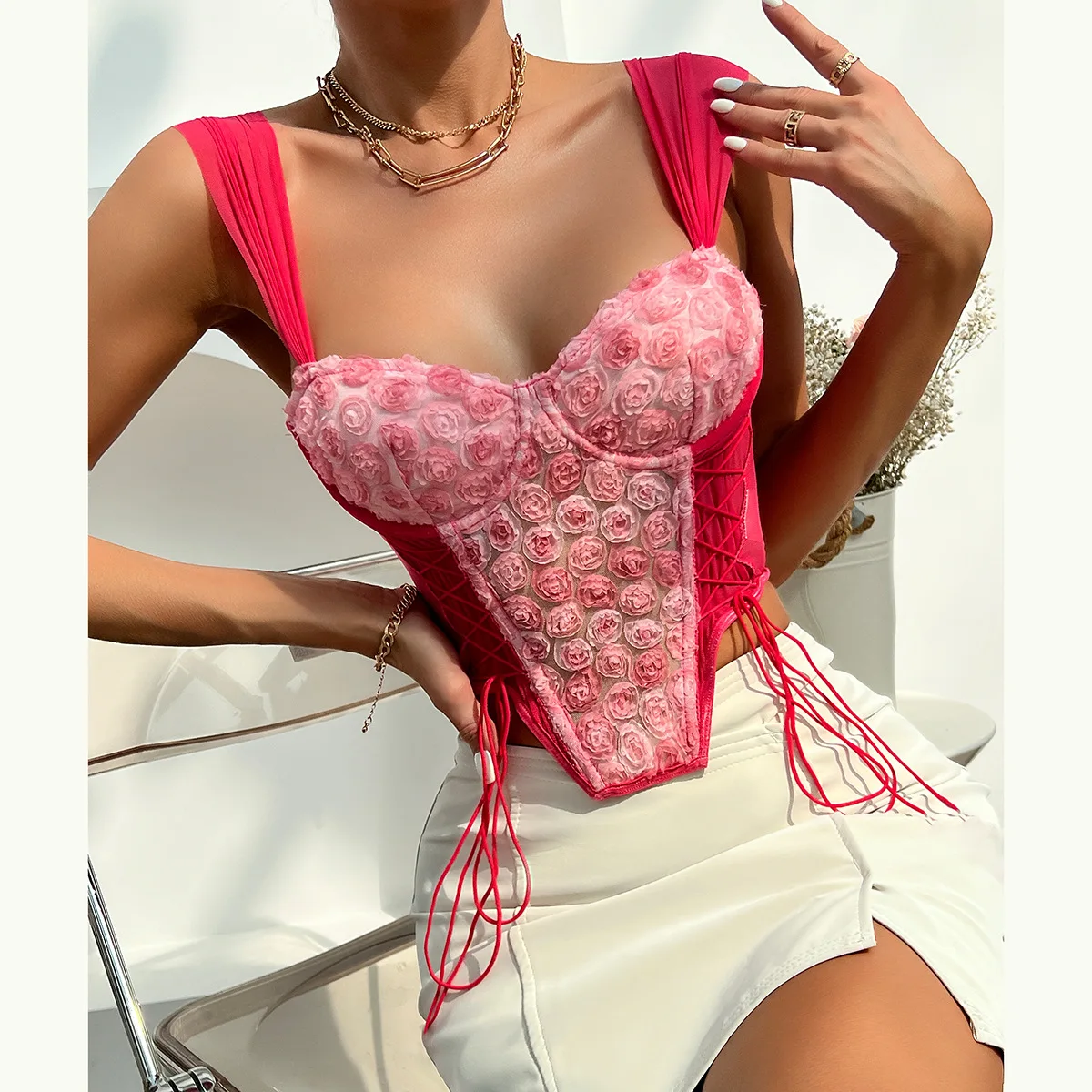 Summer new ins style Lace ribbon mesh bandage See-through corset top Lace rose flower Embroidery Fishbone Corset