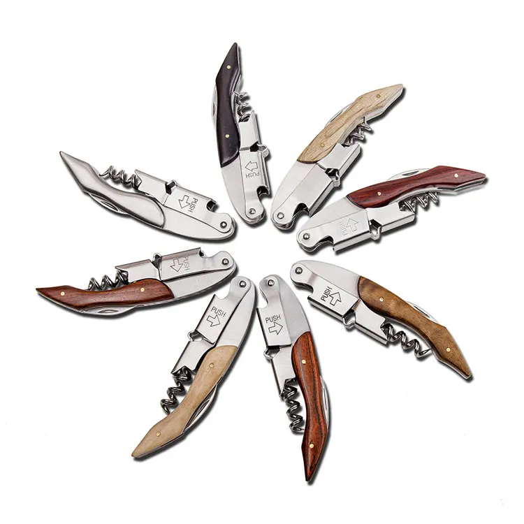 China Suppliers Professional Bar Opener Waiters Corkscrew with Ergonomic Wooden Grip Wine Key Beer Bottle Opener Foil Cutter