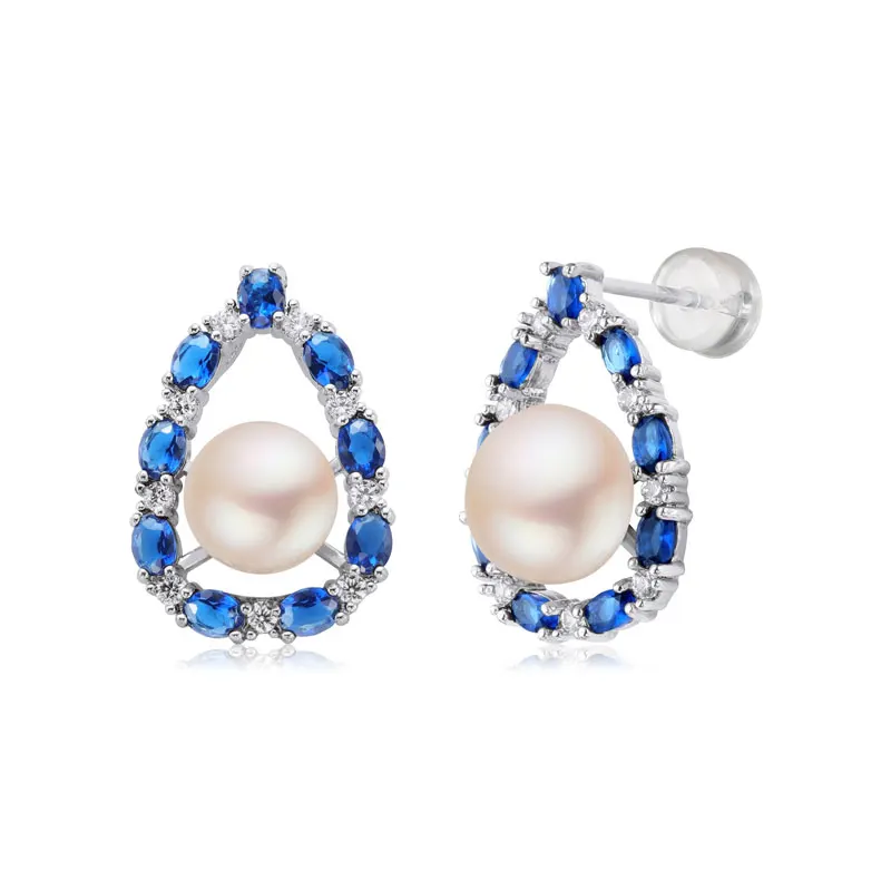 Keiyue 925 sterling silver ring earrings necklace cubic blue zirconia freshwater pearl jewelry set