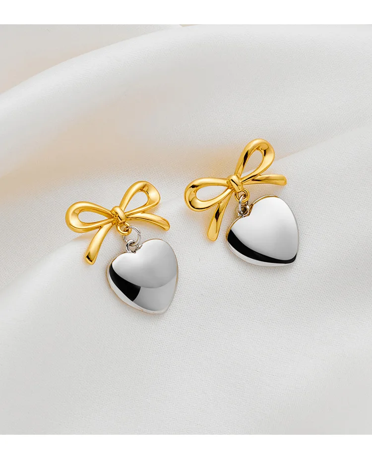 Custom Korean White Gold Plated Chunky Big Heart Shape Long Tassel Two Tone Brass Bow Stud Earrings Charm Dangle Earring Women