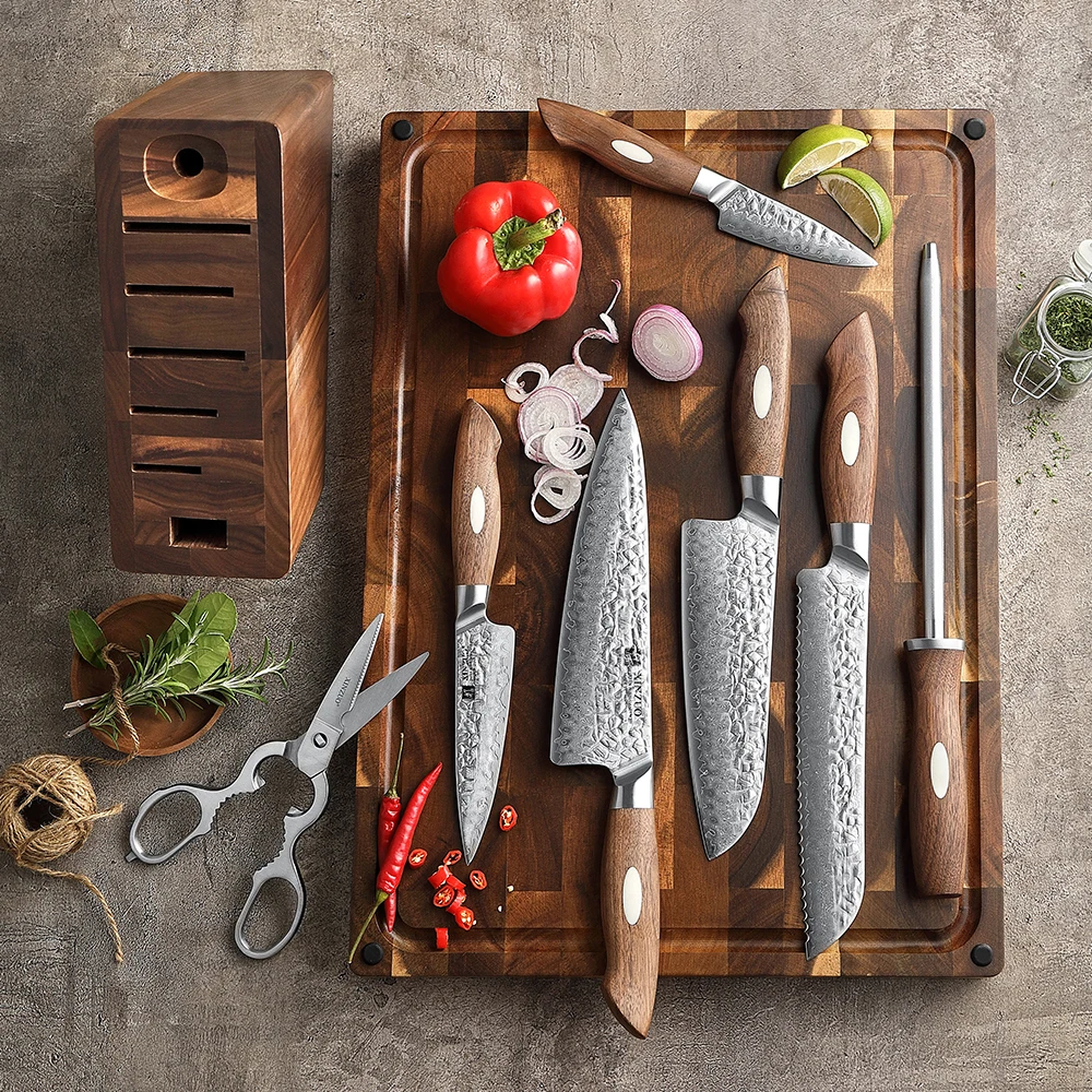 New 8Pcs Original Japanese AUS10 Damascus Steel Walnut Wood Handle Professional Kitchen Chef Knife Set with Holder