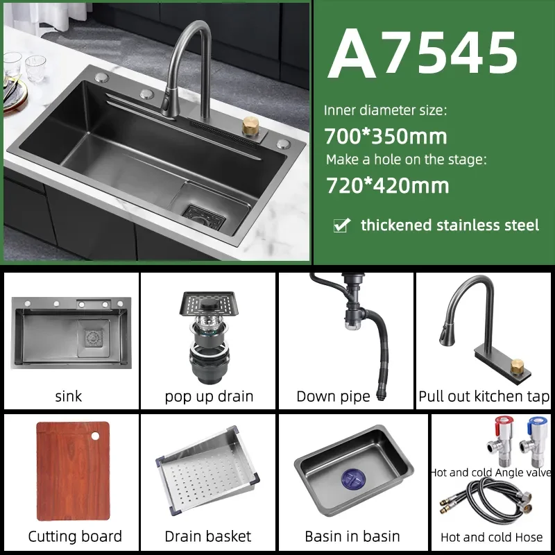 Countertop style Gun grey single bowl stainless steel kitchen sink with tray 3 function commercial faucet