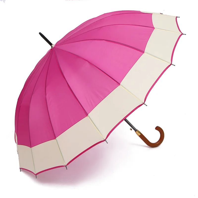 Wholesale big size 25 inch 16 ribs wooden shaft wooden handle straight umbrella with connected edge
