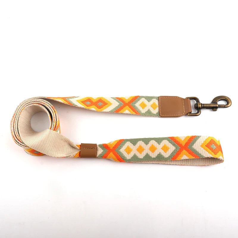 Luxury Durable Genuine Leather Jacquard Nylon Material Dog Collar And Leash Set With Bronze Buckle