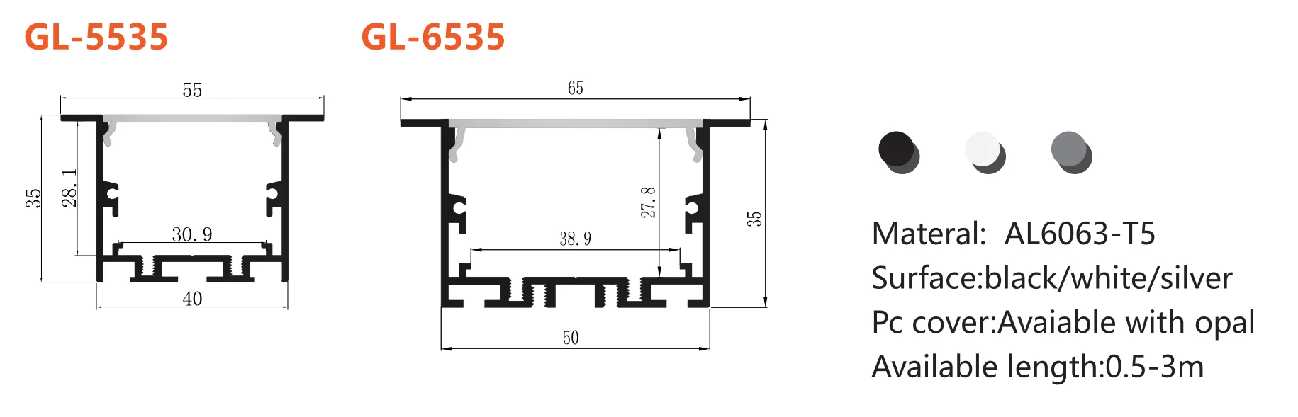 Glite 35*55mm 35*65mm recessed mounted GL-5535/GL-6535 aluminum profile for LED lighting with end plug and spring chip