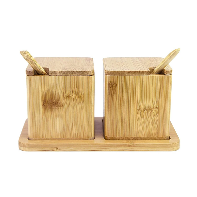 Custom Logo Magnetic Lid Spice Storage Jars Dispenser Bamboo Wood Salt Spice Box With Spoon