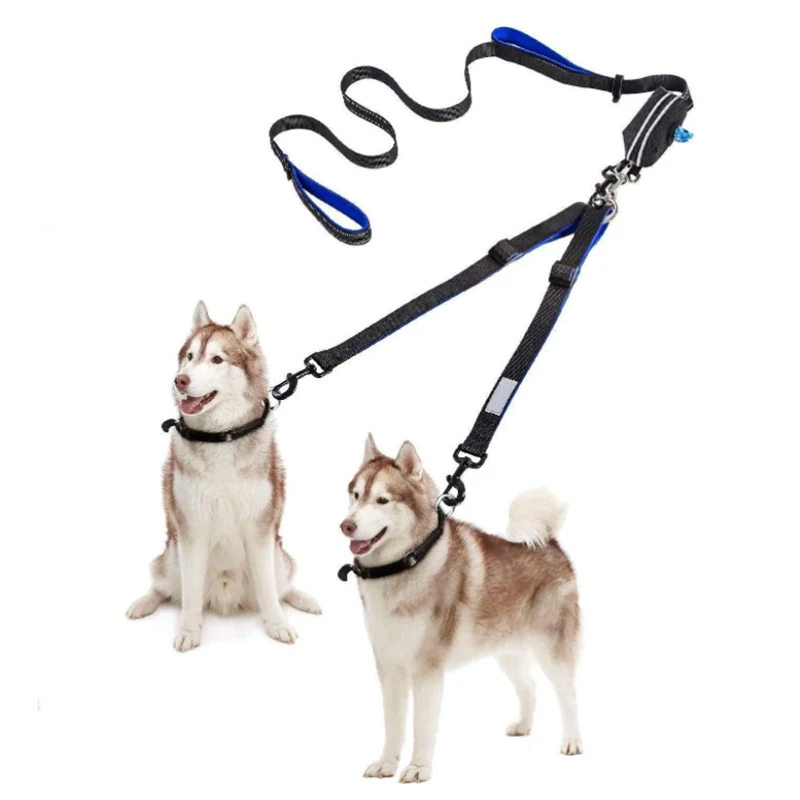 Double dog leash no tangle dog walking leash for 2 dogs comfortable adjustable dual padded handles bonus pet waste bag