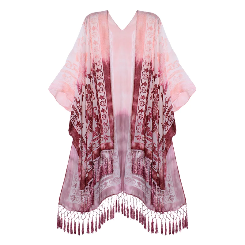Fashion Tie Dye burnout velvet kimono women velvet cardigan with tassel