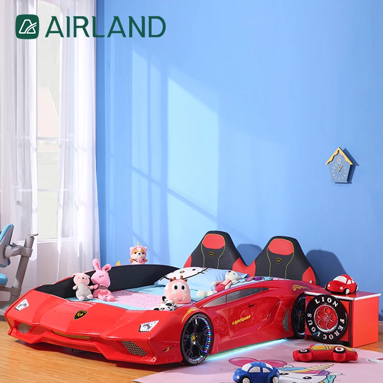 Airland Modern LED Lamp Wooden Bed Frame Bedroom Furniture Grils Boys Kids Race Cars Beds Children Full Size Car Bed