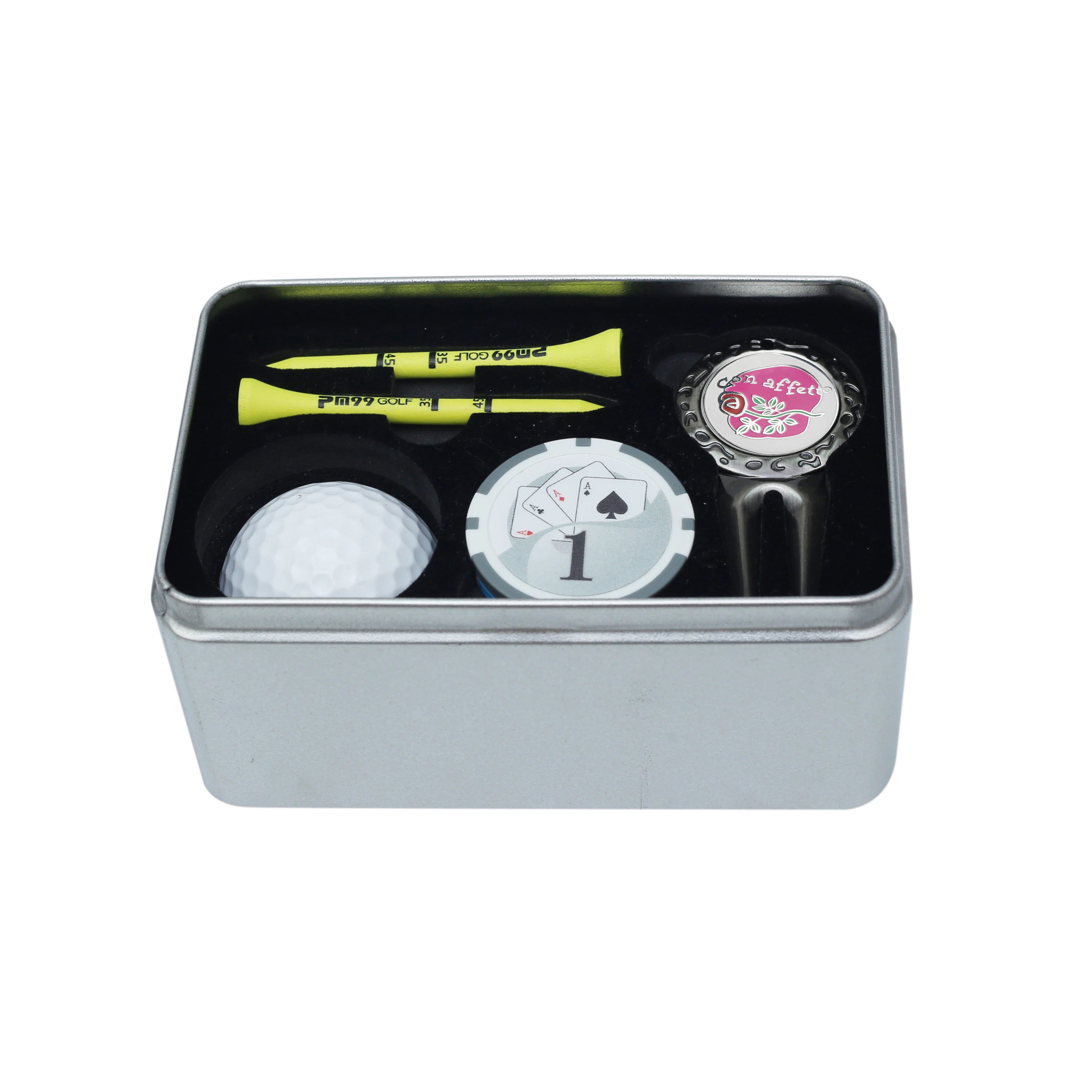 Golf gifts set box with golf divot tools, golf tees, ball markers and golf balls