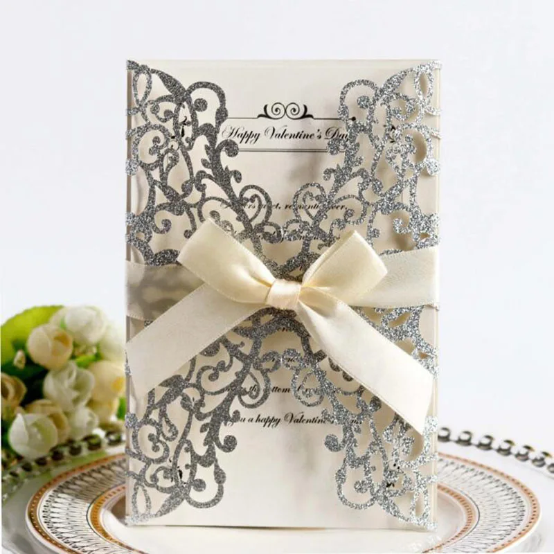 Wedding Supplies Hollow Flower design Wedding Invitation Card Greeting Card with Ribbon