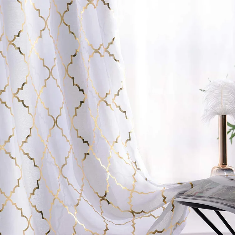 Hot Sell Sheer Curtains Living Room Rod Pocket White Sheer Curtains Foil Quatrefoil Pattern Window Curtain Gold Woven Modern